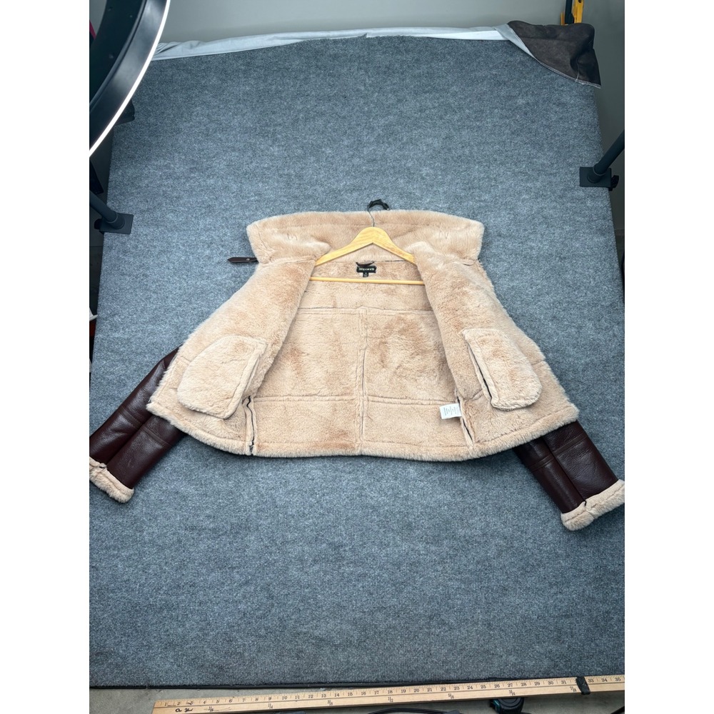 36points Womens Small Burgundy Faux Leather Aviator Bomber Jacket Faux Fur Trim - Picture 8 of 16